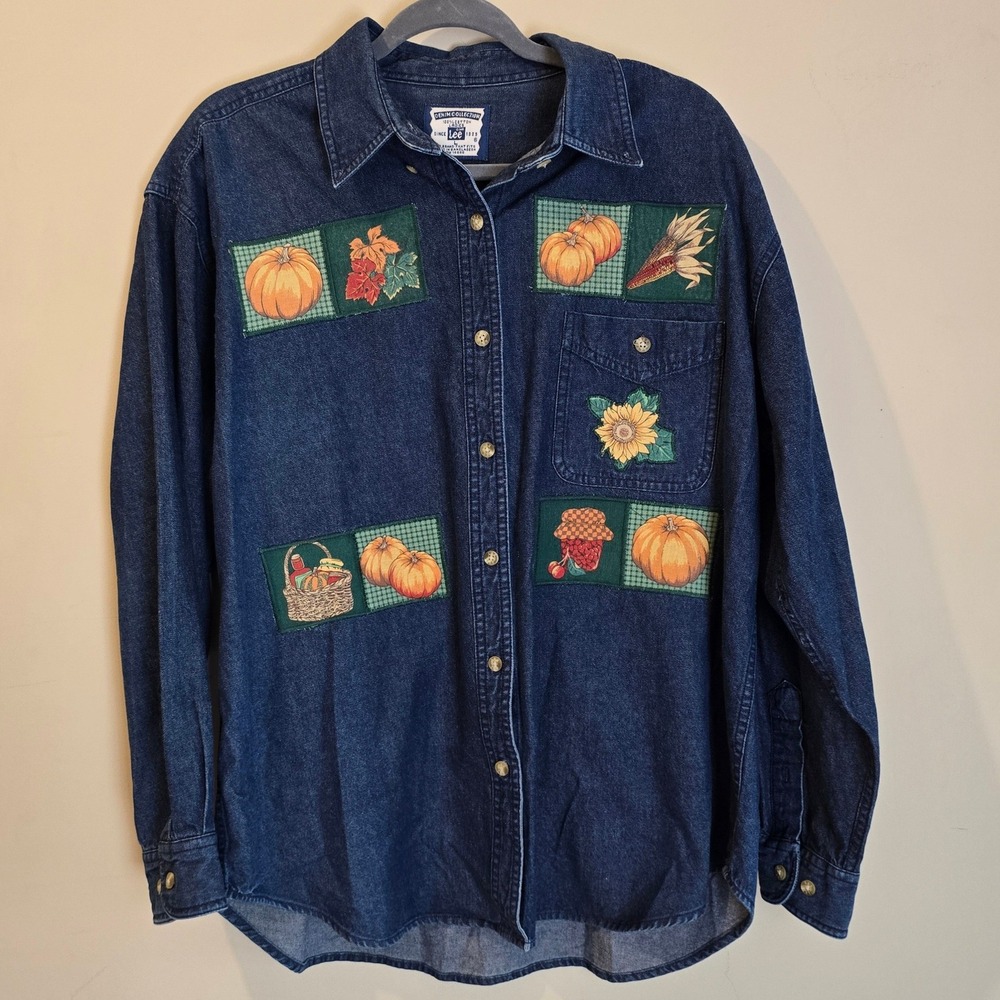Vintage 90s Lee Denim Shirt Ladies Large Blue Pumpkin Harvest Patchwork Fall Top